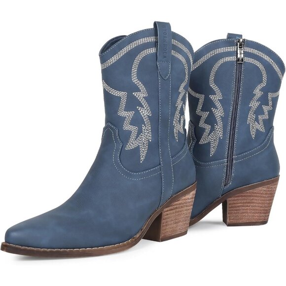 Shoes - Women's Navy Blue Pointed Toe Embroidered Comfy Fashion Vintage Boot Wide Calf